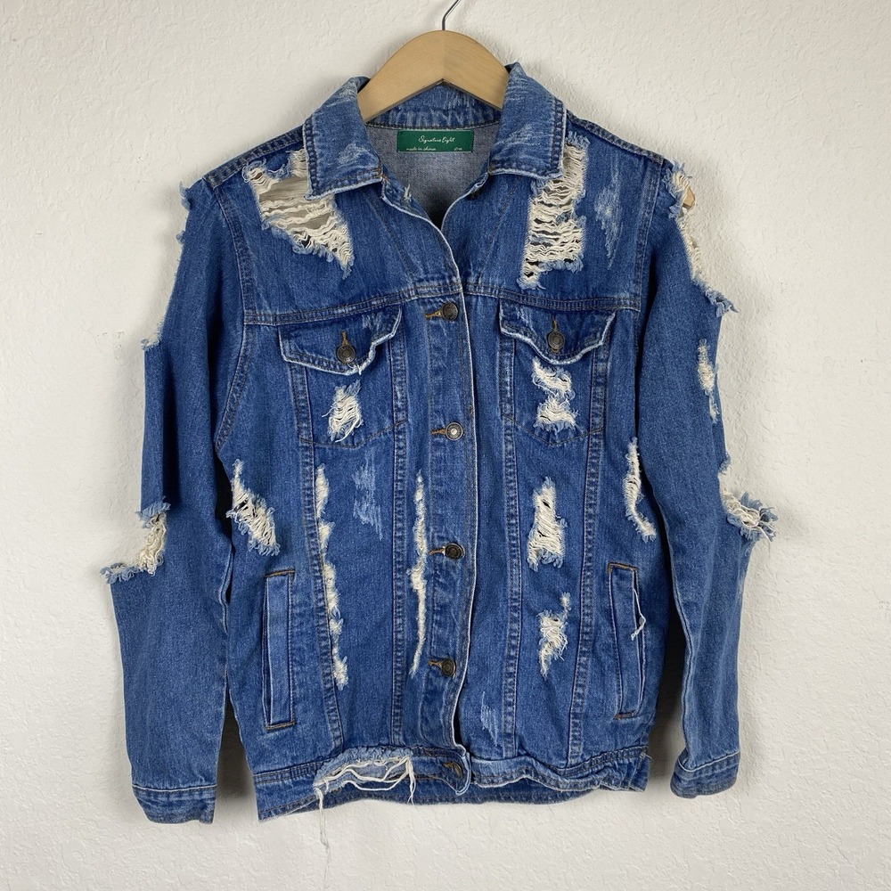 Signature Eight S/M Denim Jacket Distressed Blue Destroyed Trucker Womens Grunge